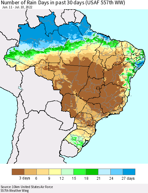 Brazil Number of Rain Days in past 30 days (USAF 557th WW) 07/10/2022 Thematic Map For 7/6/2022 - 7/10/2022