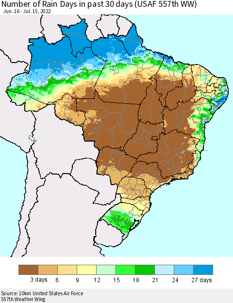 Brazil Number of Rain Days in past 30 days (USAF 557th WW) 07/15/2022 Thematic Map For 7/11/2022 - 7/15/2022