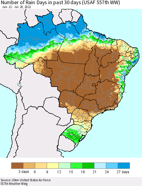 Brazil Number of Rain Days in past 30 days (USAF 557th WW) 07/20/2022 Thematic Map For 7/16/2022 - 7/20/2022