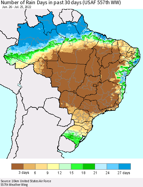Brazil Number of Rain Days in past 30 days (USAF 557th WW) 07/25/2022 Thematic Map For 7/21/2022 - 7/25/2022