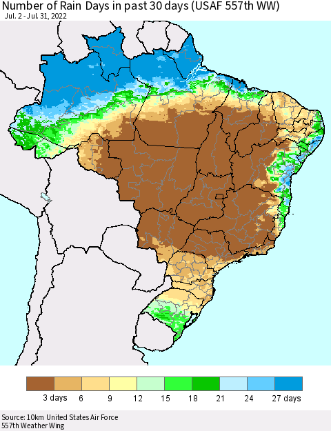 Brazil Number of Rain Days in past 30 days (USAF 557th WW) 07/31/2022 Thematic Map For 7/26/2022 - 7/31/2022