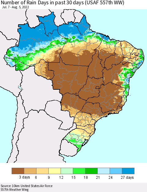 Brazil Number of Rain Days in past 30 days (USAF 557th WW) 08/05/2022 Thematic Map For 8/1/2022 - 8/5/2022
