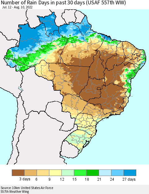 Brazil Number of Rain Days in past 30 days (USAF 557th WW) 08/10/2022 Thematic Map For 8/6/2022 - 8/10/2022