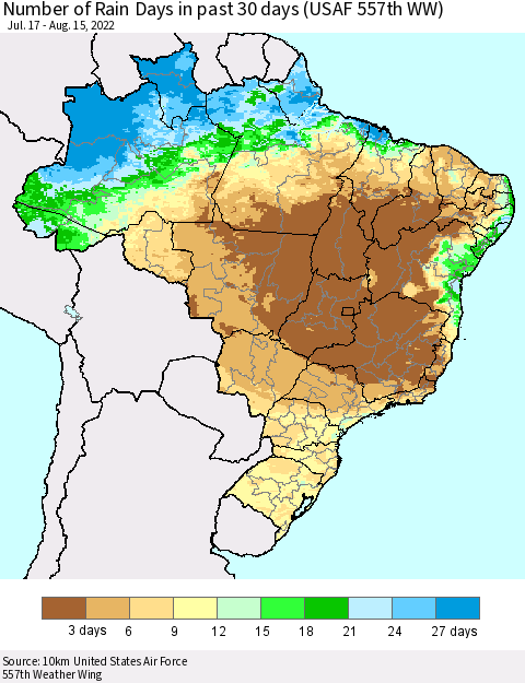 Brazil Number of Rain Days in past 30 days (USAF 557th WW) 08/15/2022 Thematic Map For 8/11/2022 - 8/15/2022