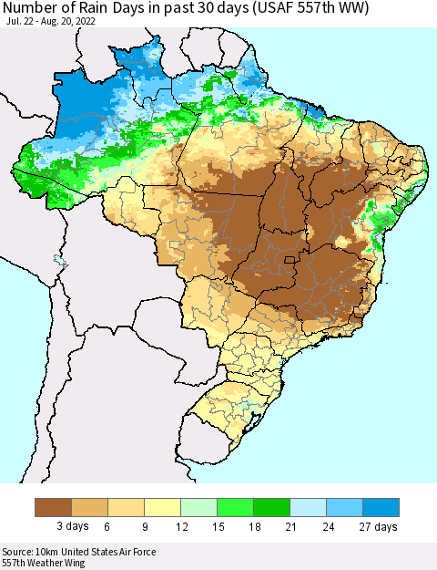 Brazil Number of Rain Days in past 30 days (USAF 557th WW) 08/20/2022 Thematic Map For 8/16/2022 - 8/20/2022