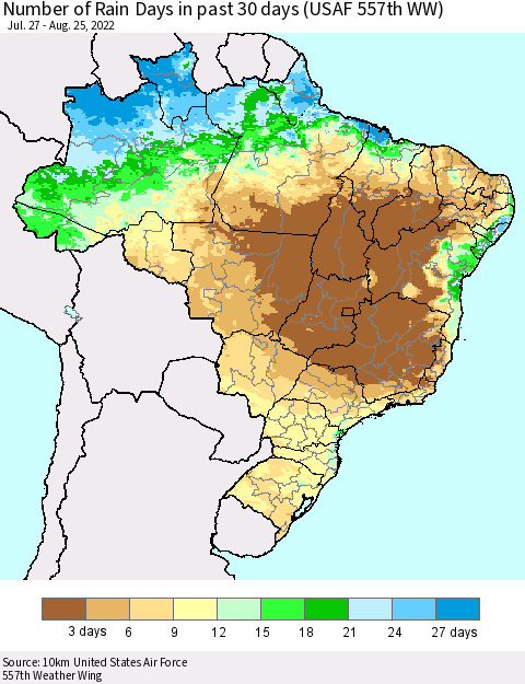 Brazil Number of Rain Days in past 30 days (USAF 557th WW) 08/25/2022 Thematic Map For 8/21/2022 - 8/25/2022