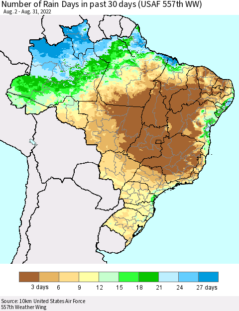 Brazil Number of Rain Days in past 30 days (USAF 557th WW) 08/31/2022 Thematic Map For 8/26/2022 - 8/31/2022