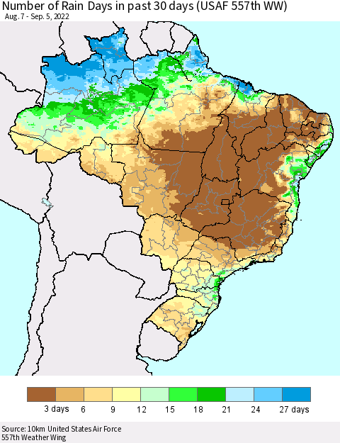 Brazil Number of Rain Days in past 30 days (USAF 557th WW) 09/05/2022 Thematic Map For 9/1/2022 - 9/5/2022