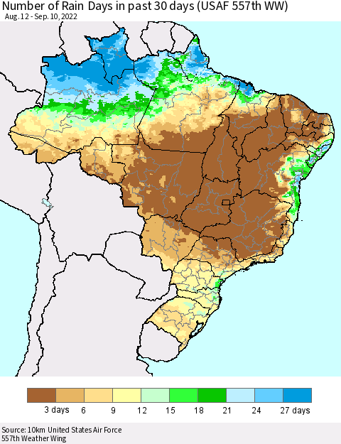 Brazil Number of Rain Days in past 30 days (USAF 557th WW) 09/10/2022 Thematic Map For 9/6/2022 - 9/10/2022