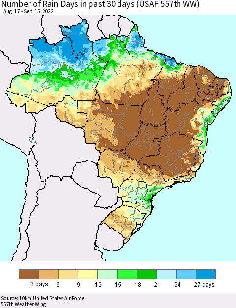 Brazil Number of Rain Days in past 30 days (USAF 557th WW) 09/15/2022 Thematic Map For 9/11/2022 - 9/15/2022
