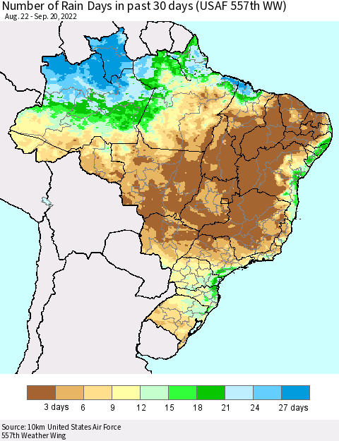 Brazil Number of Rain Days in past 30 days (USAF 557th WW) 09/20/2022 Thematic Map For 9/16/2022 - 9/20/2022
