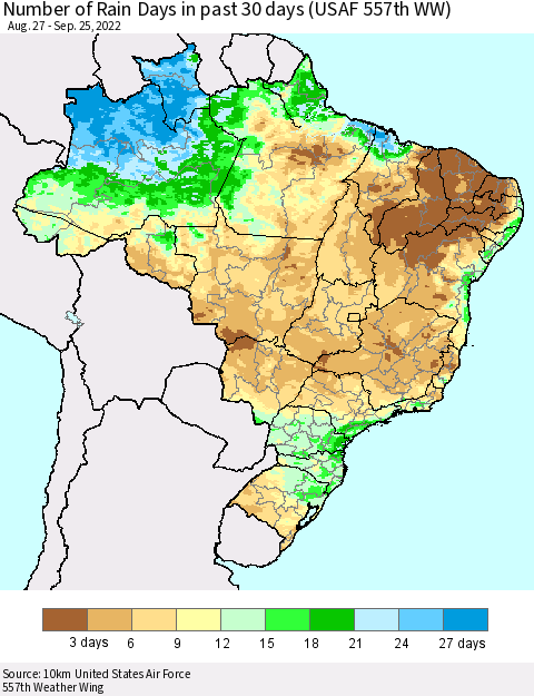Brazil Number of Rain Days in past 30 days (USAF 557th WW) 09/25/2022 Thematic Map For 9/21/2022 - 9/25/2022