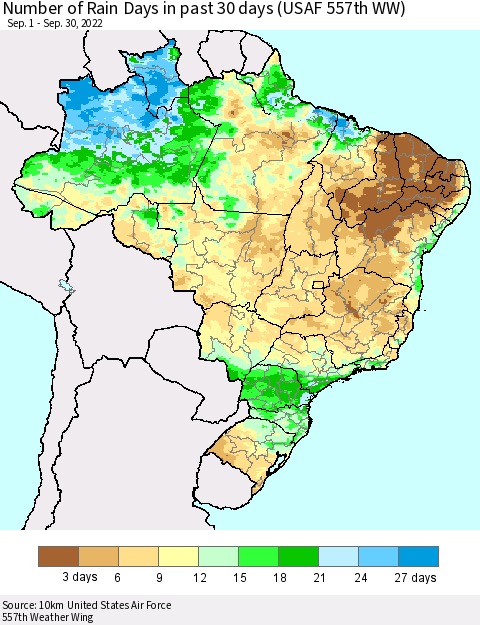 Brazil Number of Rain Days in past 30 days (USAF 557th WW) 09/30/2022 Thematic Map For 9/26/2022 - 9/30/2022