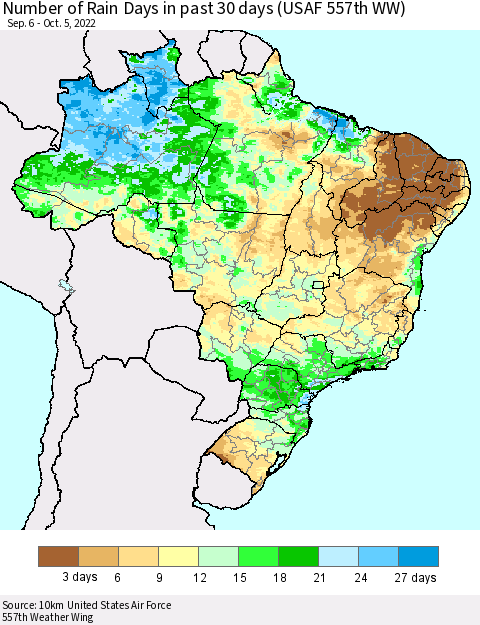 Brazil Number of Rain Days in past 30 days (USAF 557th WW) 10/05/2022 Thematic Map For 10/1/2022 - 10/5/2022
