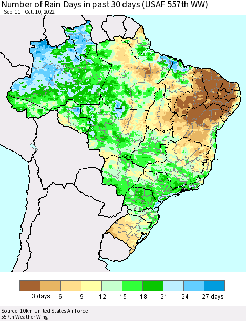 Brazil Number of Rain Days in past 30 days (USAF 557th WW) 10/10/2022 Thematic Map For 10/6/2022 - 10/10/2022