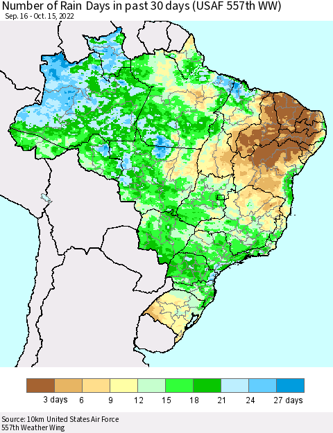 Brazil Number of Rain Days in past 30 days (USAF 557th WW) 10/15/2022 Thematic Map For 10/11/2022 - 10/15/2022