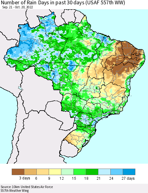 Brazil Number of Rain Days in past 30 days (USAF 557th WW) 10/20/2022 Thematic Map For 10/16/2022 - 10/20/2022