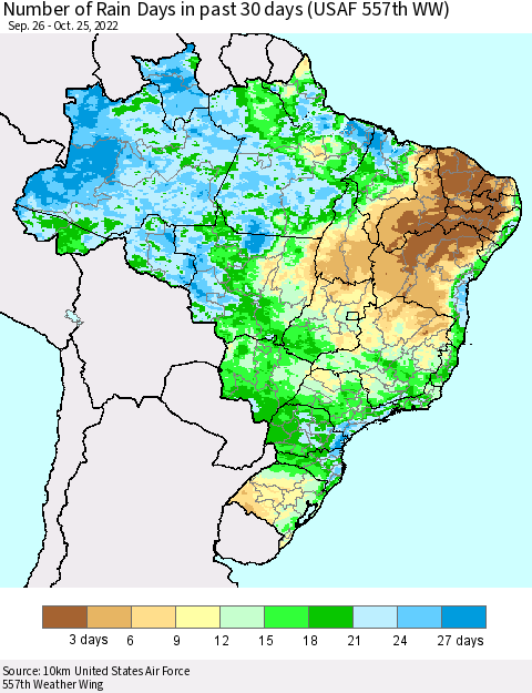 Brazil Number of Rain Days in past 30 days (USAF 557th WW) 10/25/2022 Thematic Map For 10/21/2022 - 10/25/2022