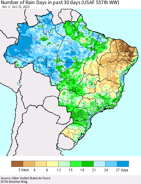Brazil Number of Rain Days in past 30 days (USAF 557th WW) 10/31/2022 Thematic Map For 10/26/2022 - 10/31/2022