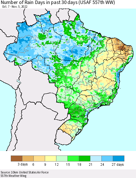 Brazil Number of Rain Days in past 30 days (USAF 557th WW) 11/05/2022 Thematic Map For 11/1/2022 - 11/5/2022