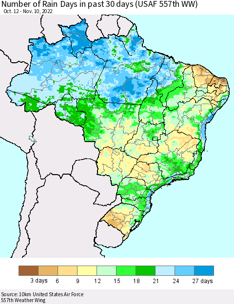 Brazil Number of Rain Days in past 30 days (USAF 557th WW) 11/10/2022 Thematic Map For 11/6/2022 - 11/10/2022