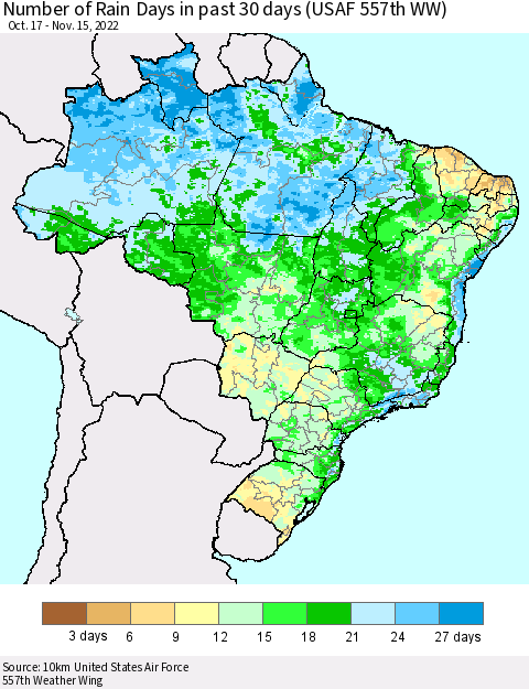 Brazil Number of Rain Days in past 30 days (USAF 557th WW) 11/15/2022 Thematic Map For 11/11/2022 - 11/15/2022