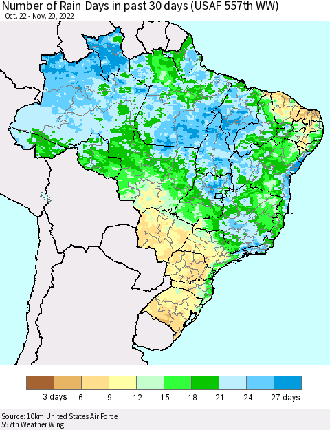 Brazil Number of Rain Days in past 30 days (USAF 557th WW) 11/20/2022 Thematic Map For 11/16/2022 - 11/20/2022
