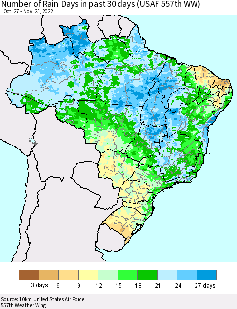 Brazil Number of Rain Days in past 30 days (USAF 557th WW) 11/25/2022 Thematic Map For 11/21/2022 - 11/25/2022