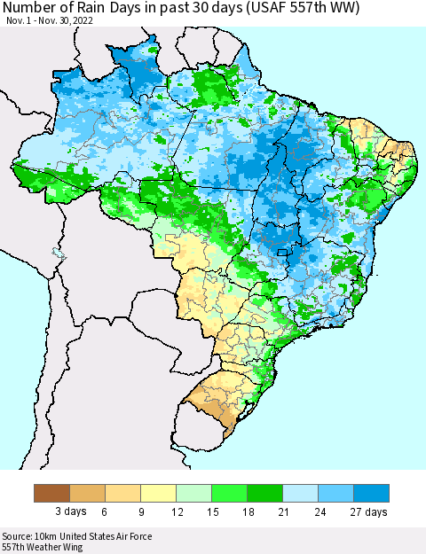 Brazil Number of Rain Days in past 30 days (USAF 557th WW) 11/30/2022 Thematic Map For 11/26/2022 - 11/30/2022