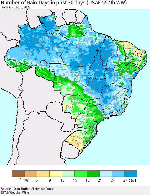 Brazil Number of Rain Days in past 30 days (USAF 557th WW) 12/05/2022 Thematic Map For 12/1/2022 - 12/5/2022