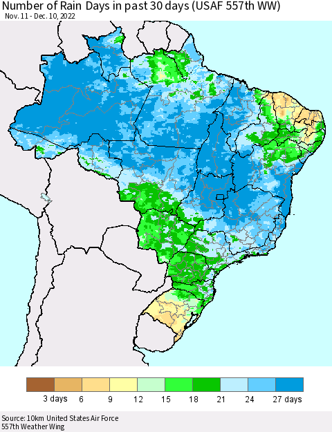 Brazil Number of Rain Days in past 30 days (USAF 557th WW) 12/10/2022 Thematic Map For 12/6/2022 - 12/10/2022