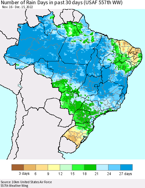 Brazil Number of Rain Days in past 30 days (USAF 557th WW) 12/15/2022 Thematic Map For 12/11/2022 - 12/15/2022