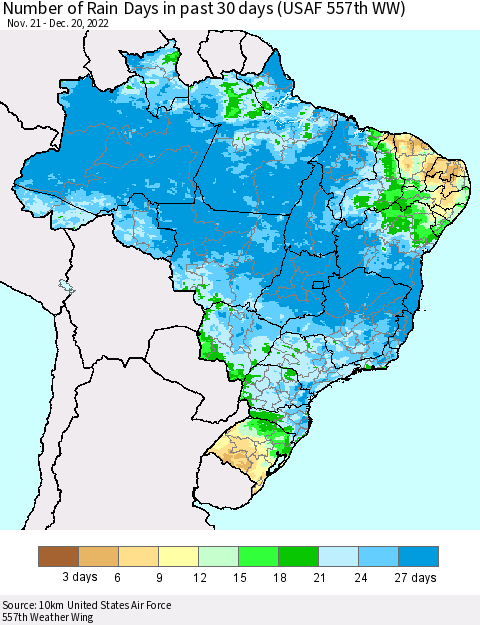 Brazil Number of Rain Days in past 30 days (USAF 557th WW) 12/20/2022 Thematic Map For 12/16/2022 - 12/20/2022