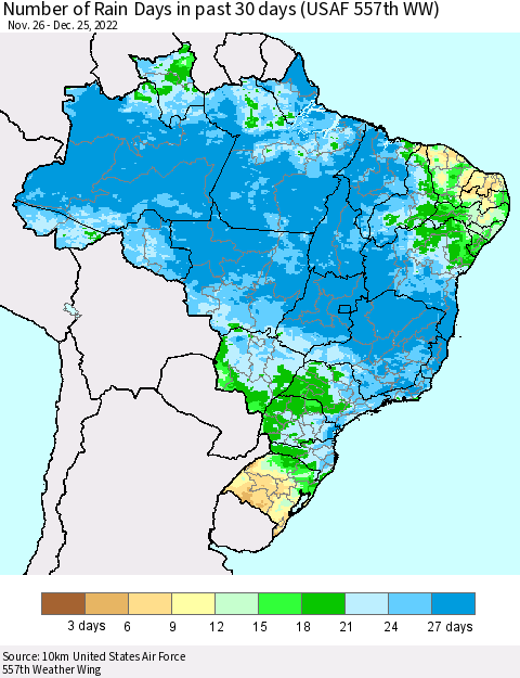 Brazil Number of Rain Days in past 30 days (USAF 557th WW) 12/25/2022 Thematic Map For 12/21/2022 - 12/25/2022