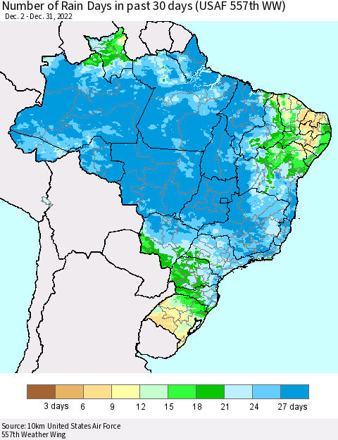 Brazil Number of Rain Days in past 30 days (USAF 557th WW) 12/31/2022 Thematic Map For 12/26/2022 - 12/31/2022