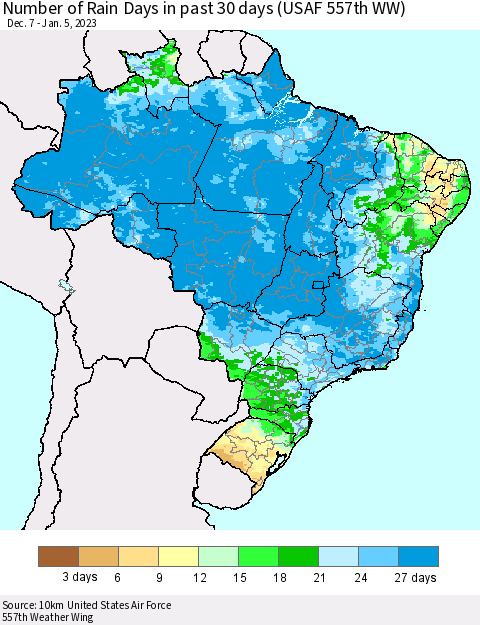 Brazil Number of Rain Days in past 30 days (USAF 557th WW) 01/05/2023 Thematic Map For 1/1/2023 - 1/5/2023