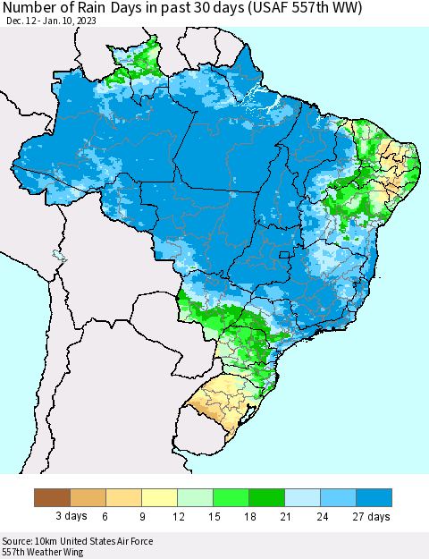 Brazil Number of Rain Days in past 30 days (USAF 557th WW) 01/10/2023 Thematic Map For 1/6/2023 - 1/10/2023