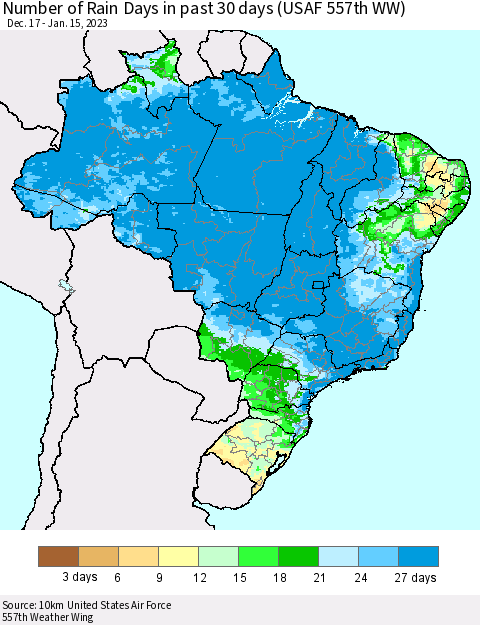 Brazil Number of Rain Days in past 30 days (USAF 557th WW) 01/15/2023 Thematic Map For 1/11/2023 - 1/15/2023