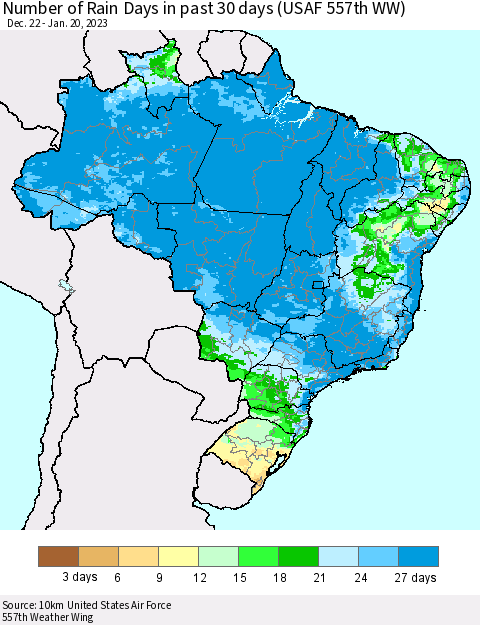 Brazil Number of Rain Days in past 30 days (USAF 557th WW) 01/20/2023 Thematic Map For 1/16/2023 - 1/20/2023