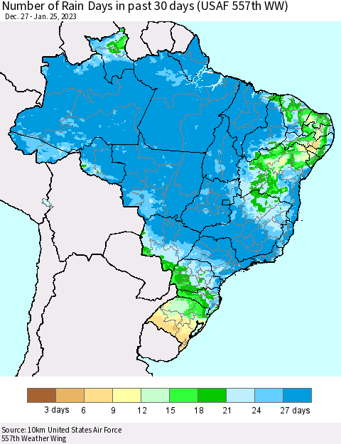 Brazil Number of Rain Days in past 30 days (USAF 557th WW) 01/25/2023 Thematic Map For 1/21/2023 - 1/25/2023