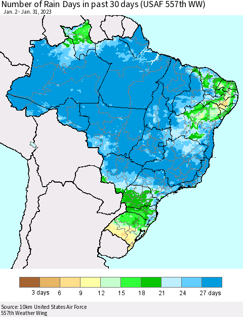 Brazil Number of Rain Days in past 30 days (USAF 557th WW) 01/31/2023 Thematic Map For 1/26/2023 - 1/31/2023