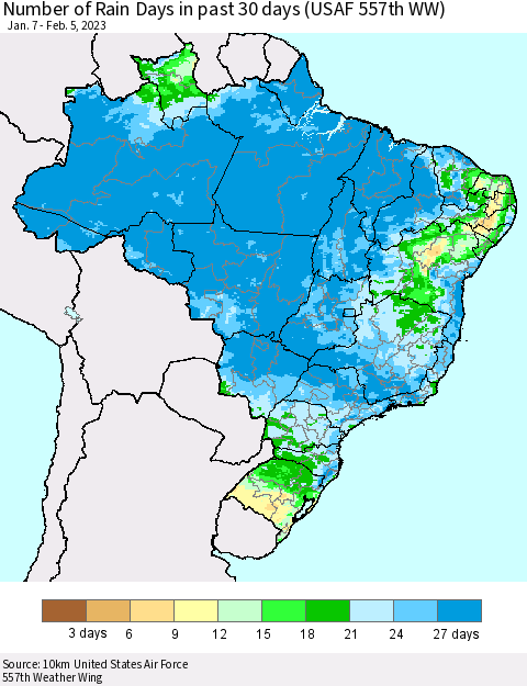 Brazil Number of Rain Days in past 30 days (USAF 557th WW) 02/05/2023 Thematic Map For 2/1/2023 - 2/5/2023