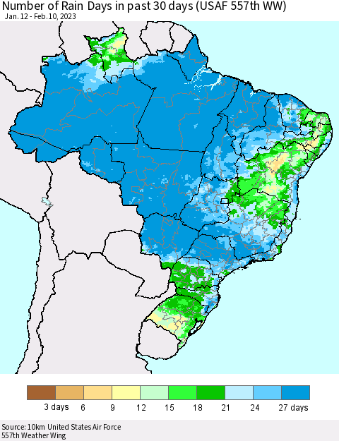 Brazil Number of Rain Days in past 30 days (USAF 557th WW) 02/10/2023 Thematic Map For 2/6/2023 - 2/10/2023