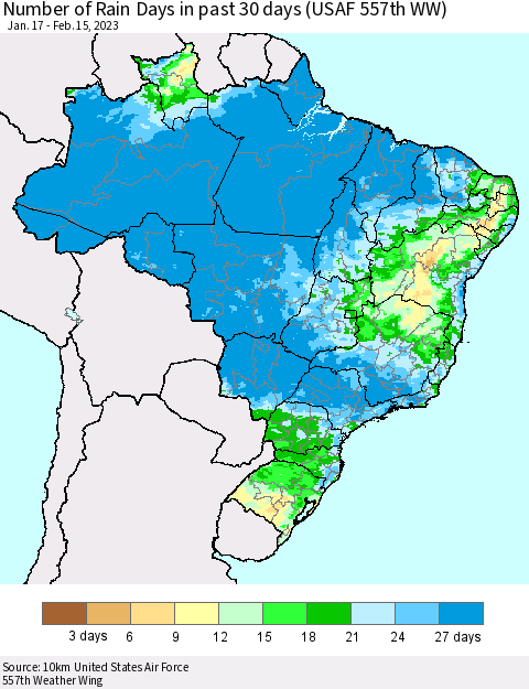 Brazil Number of Rain Days in past 30 days (USAF 557th WW) 02/15/2023 Thematic Map For 2/11/2023 - 2/15/2023
