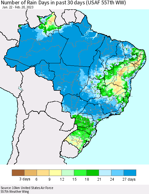 Brazil Number of Rain Days in past 30 days (USAF 557th WW) 02/20/2023 Thematic Map For 2/16/2023 - 2/20/2023