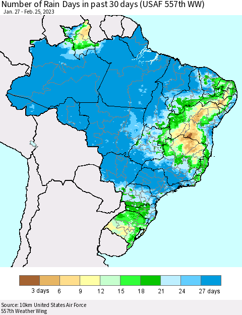 Brazil Number of Rain Days in past 30 days (USAF 557th WW) 02/25/2023 Thematic Map For 2/21/2023 - 2/25/2023
