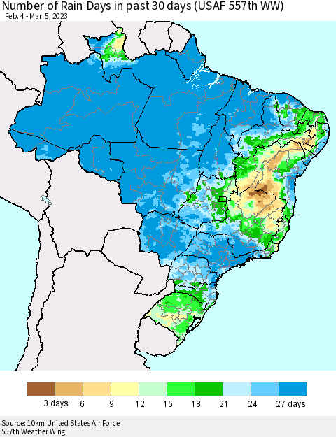 Brazil Number of Rain Days in past 30 days (USAF 557th WW) 03/05/2023 Thematic Map For 3/1/2023 - 3/5/2023