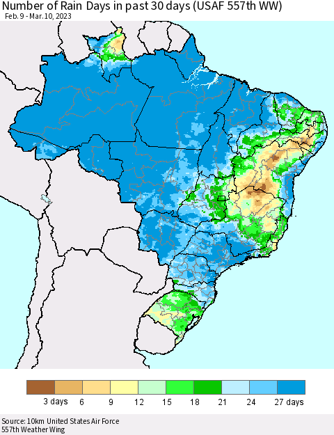 Brazil Number of Rain Days in past 30 days (USAF 557th WW) 03/10/2023 Thematic Map For 3/6/2023 - 3/10/2023