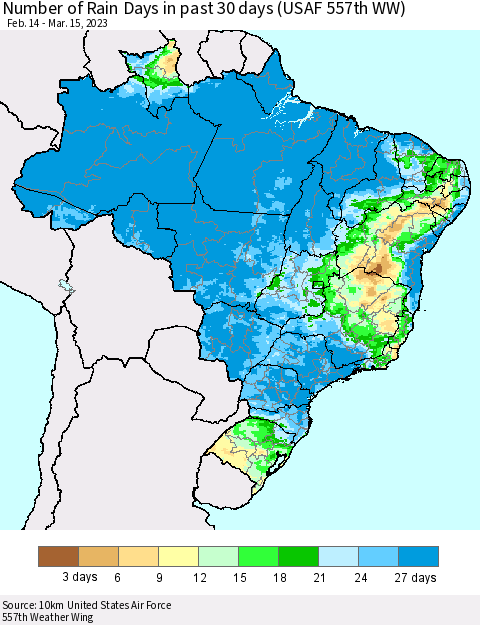 Brazil Number of Rain Days in past 30 days (USAF 557th WW) 03/15/2023 Thematic Map For 3/11/2023 - 3/15/2023