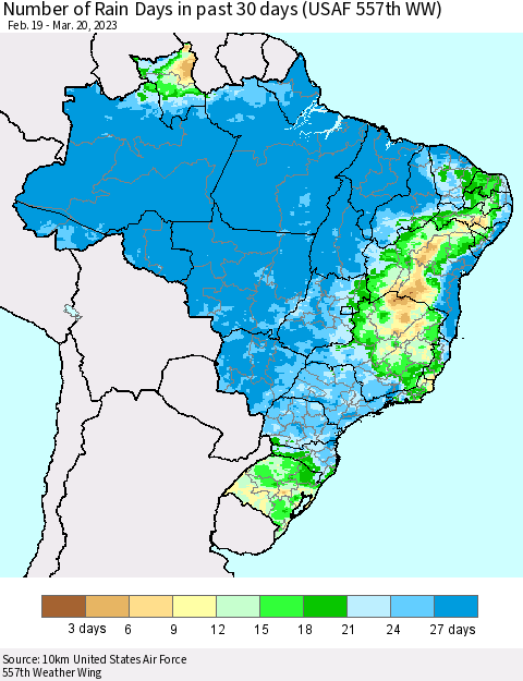 Brazil Number of Rain Days in past 30 days (USAF 557th WW) 03/20/2023 Thematic Map For 3/16/2023 - 3/20/2023